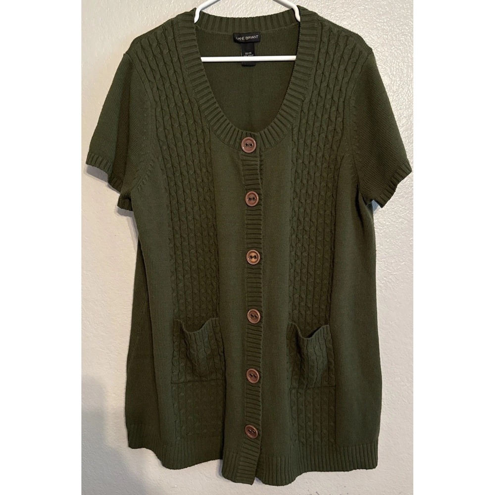 Lane Bryant Cardigan 22/24 Olive Green Cable Knit Button‎ Front Short Sleeve
